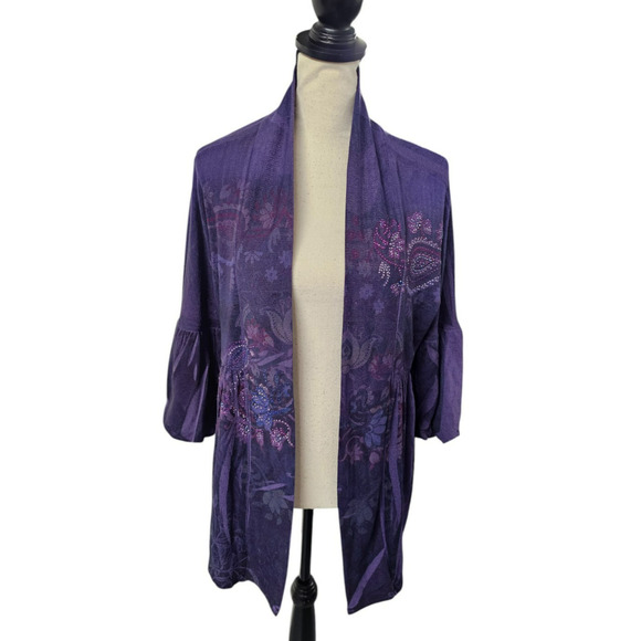 New Directions Fairy Open Front Cardigan Size Med Boho Purple Floral Artsy - Picture 1 of 9